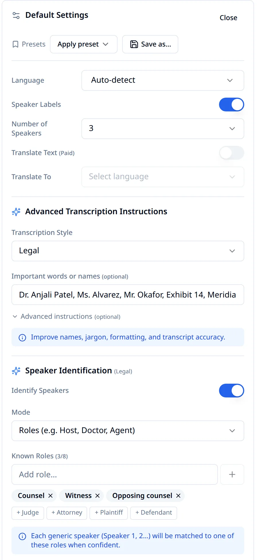 WhisperAI Transcription Settings panel with Transcription Style set to Legal, important words or names filled with party names and exhibit numbers, and speaker roles Counsel, Witness, and Opposing counsel added